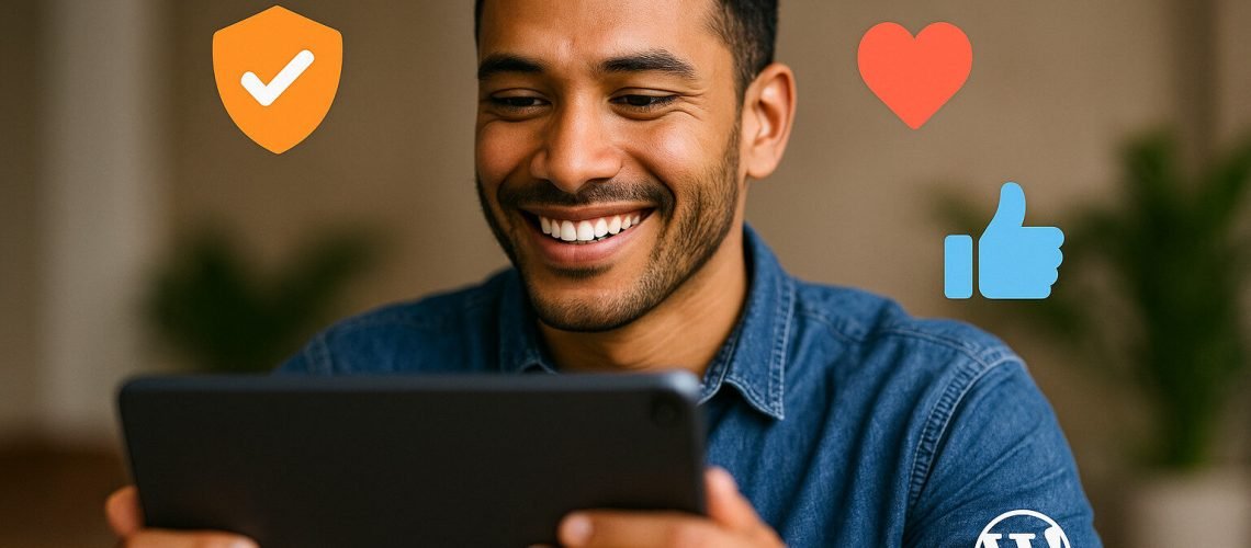 Person smiling while looking at a tablet, with icons suggesting security, love, and thumbs-up.